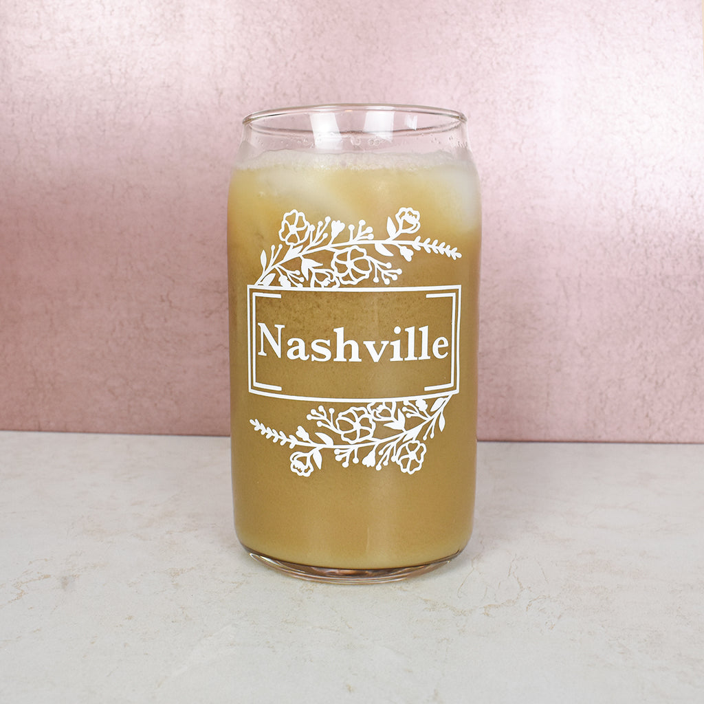 Custom city beer can glass with floral design